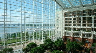 The amazing expanse of the Gaylord atrium looking out to the Woodrow Wilson Bridge.